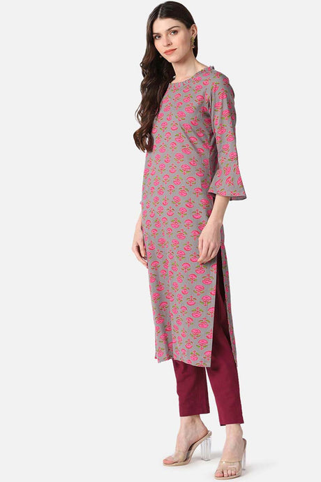 Brown Cotton Floral Print Round Neck KurtI Set