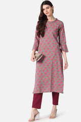 Brown Cotton Floral Print Round Neck KurtI Set