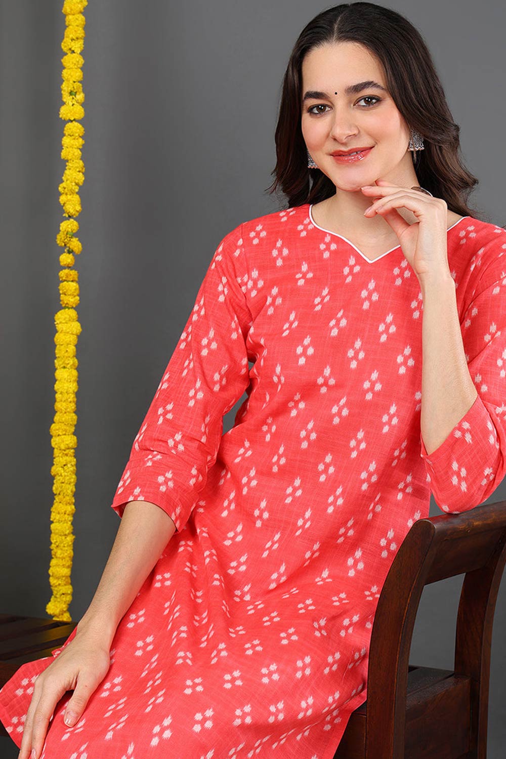 Pink Cotton Bandhani Sweet Heart Neck KurtI Set