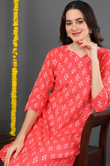 Pink Cotton Bandhani Sweet Heart Neck KurtI Set