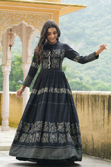 Black Cotton Mandarin Collar Anarkali Kurti Set