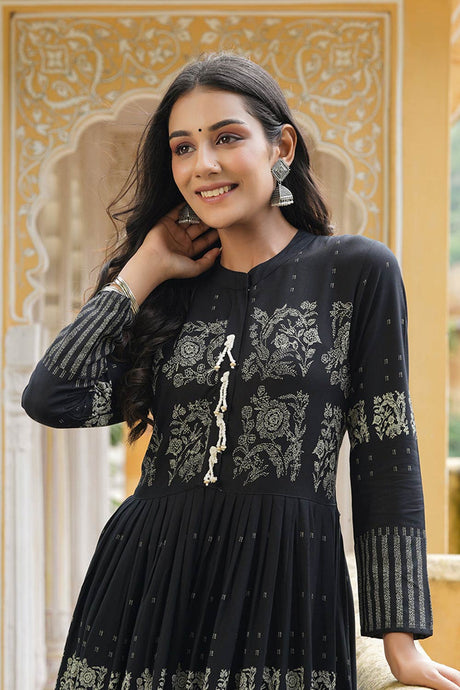 Black Cotton Mandarin Collar Anarkali Kurti Set