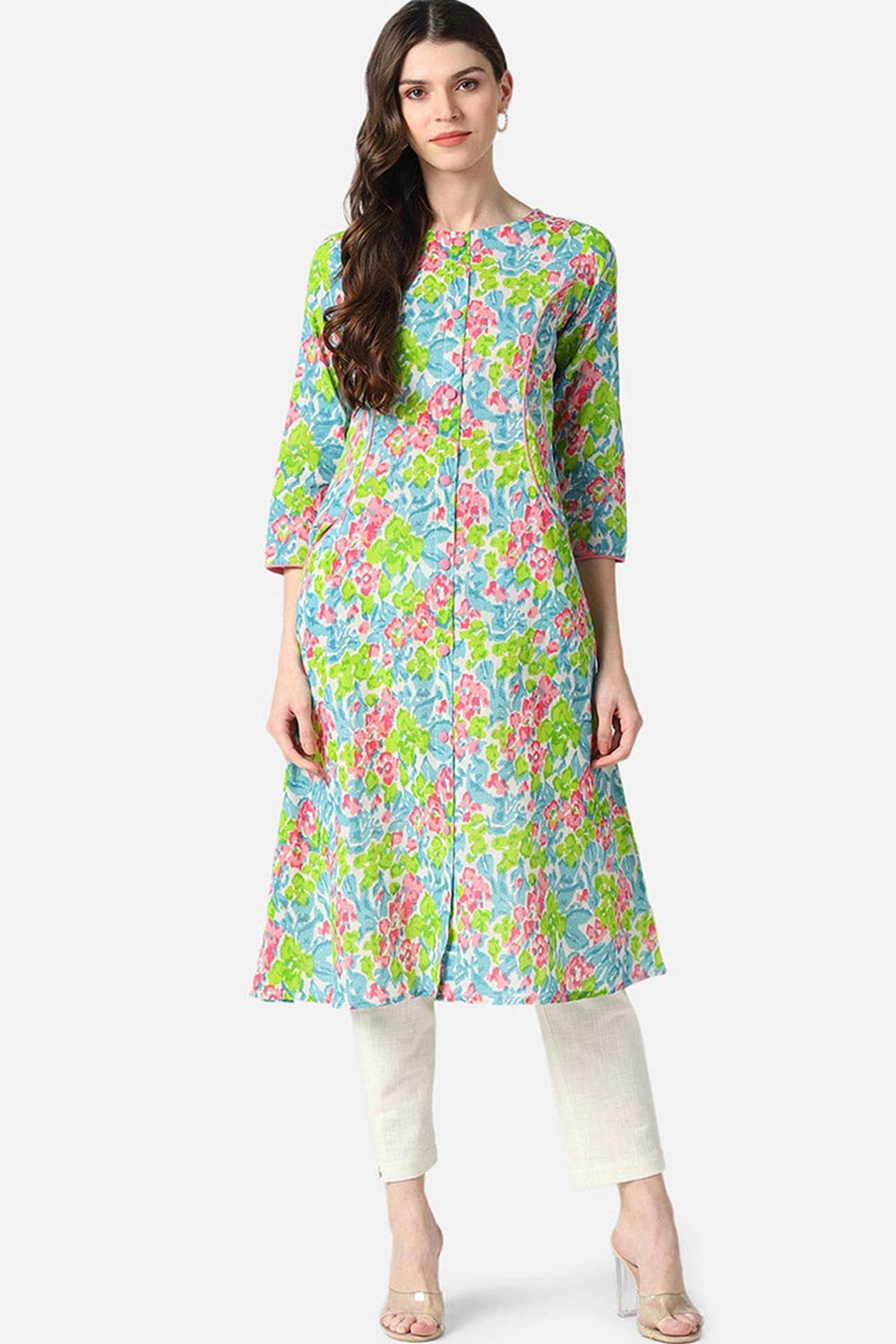 Blue Rayon Floral Flared Fit KurtI Set