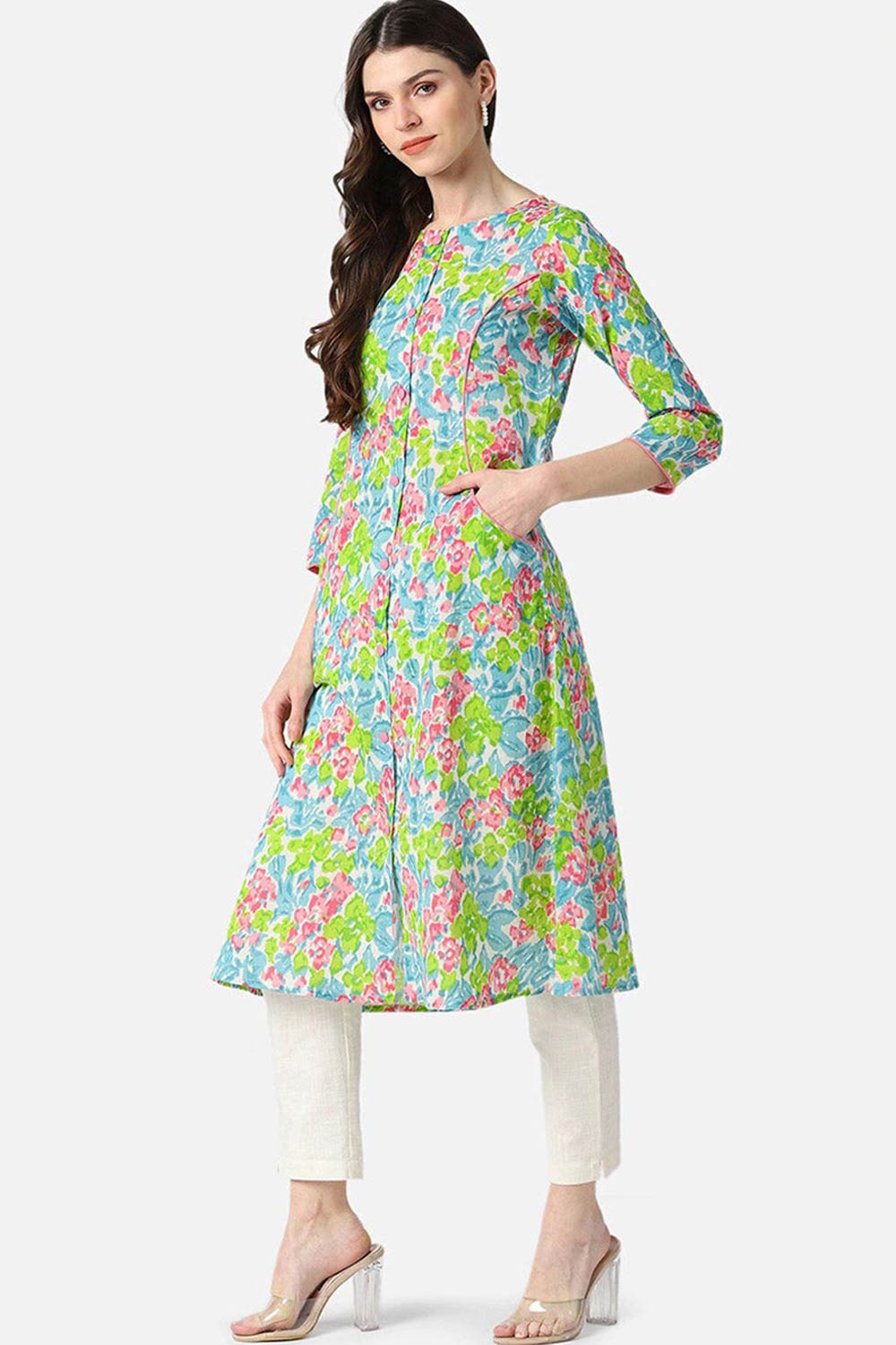 Blue Rayon Floral Flared Fit KurtI Set