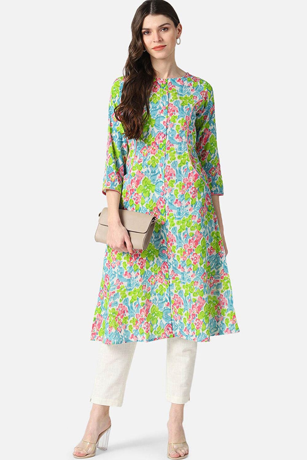 Blue Rayon Floral Flared Fit KurtI Set