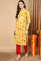 Yellow Cotton Floral Straight Fit KurtI Set