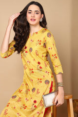 Yellow Cotton Floral Straight Fit KurtI Set