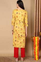 Yellow Cotton Floral Straight Fit KurtI Set