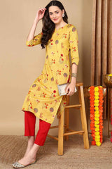 Yellow Cotton Floral Straight Fit KurtI Set