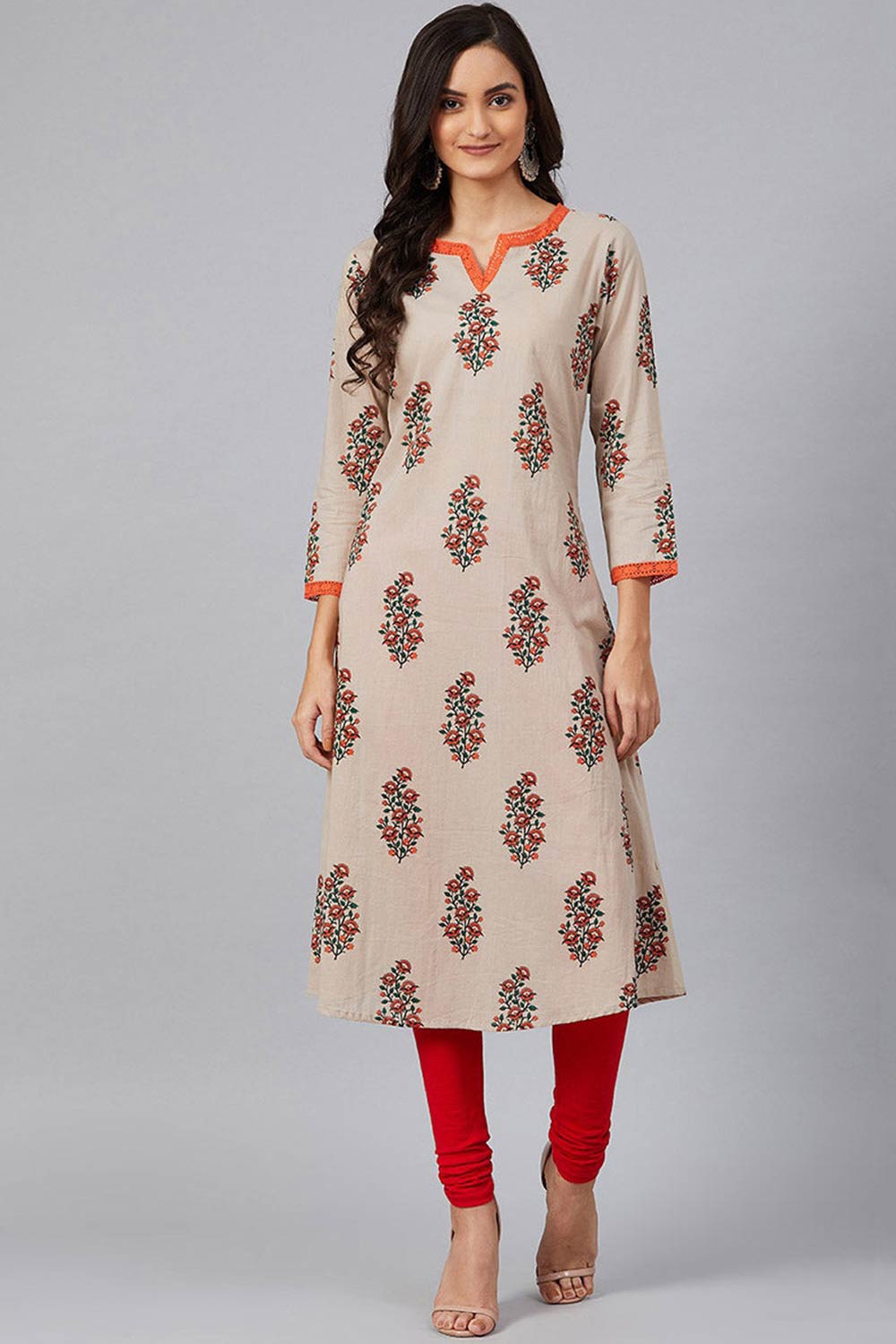 Beige Cotton Round Neck KurtI Set