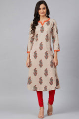 Beige Cotton Round Neck KurtI Set