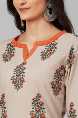 Beige Cotton Round Neck KurtI Set