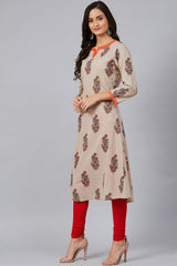 Beige Cotton Round Neck KurtI Set