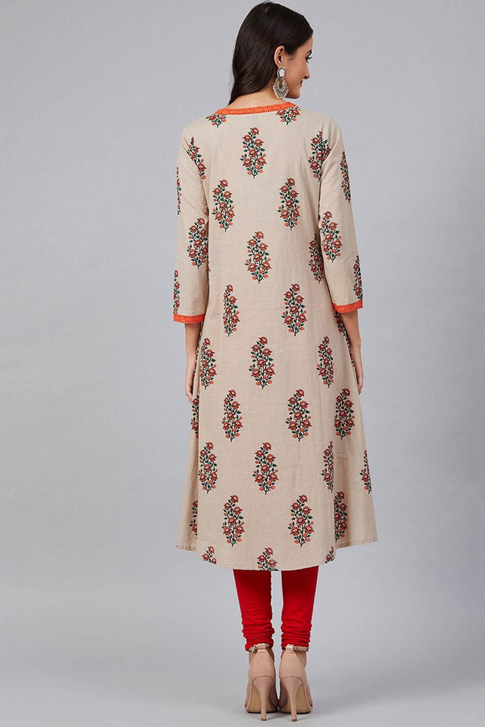 Beige Cotton Round Neck KurtI Set