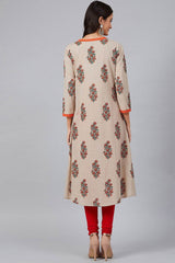 Beige Cotton Round Neck KurtI Set