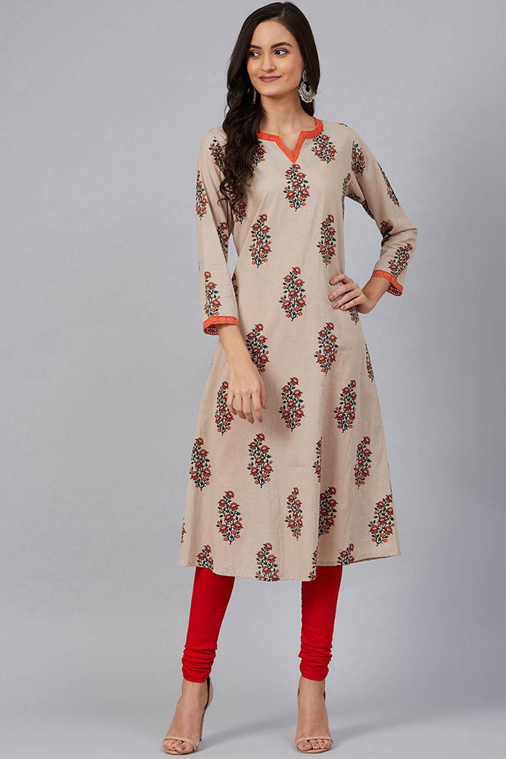 Beige Cotton Round Neck KurtI Set