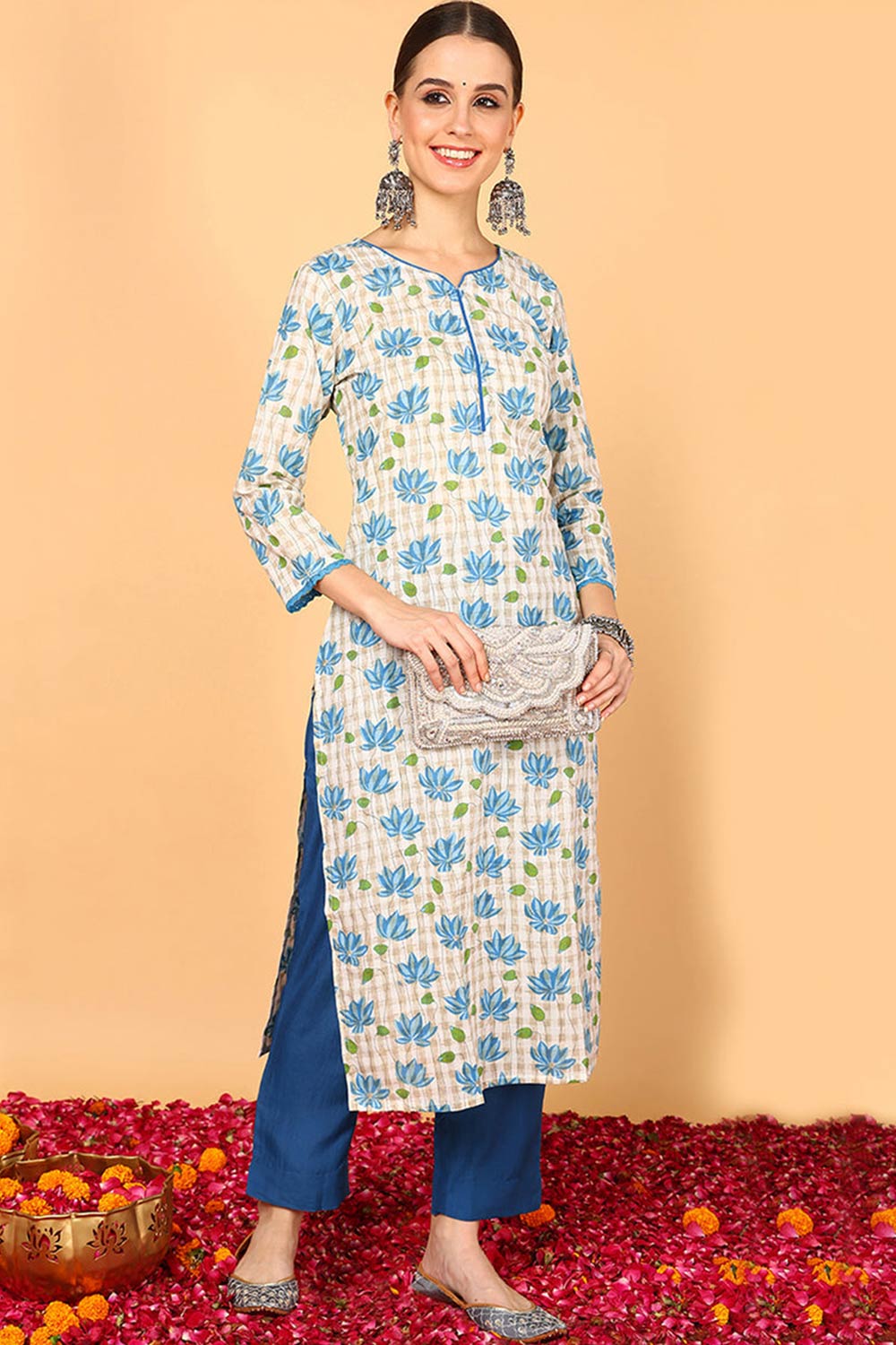 White Cotton V Neck KurtI Set