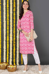 Pink Cotton Floral Print V Neck KurtI Set