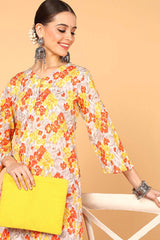 Grey Cotton Floral Straight Fit KurtI Set