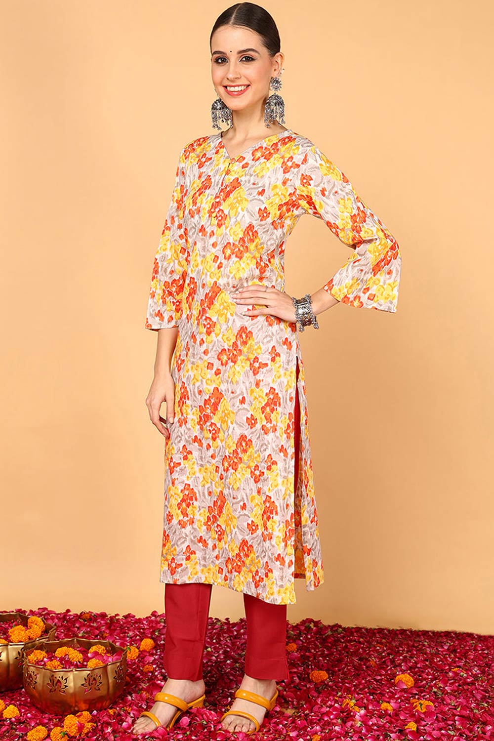 Grey Cotton Floral Straight Fit KurtI Set