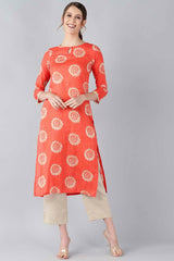 Orange Cotton Printed Straight Fit KurtI Set