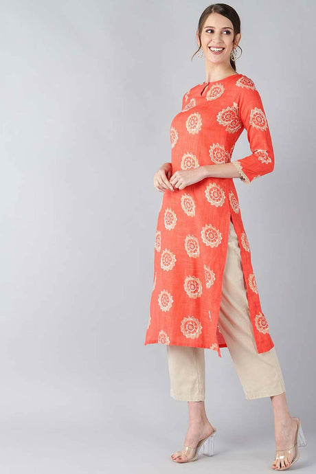 Orange Cotton Printed Straight Fit KurtI Set