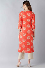 Orange Cotton Printed Straight Fit KurtI Set