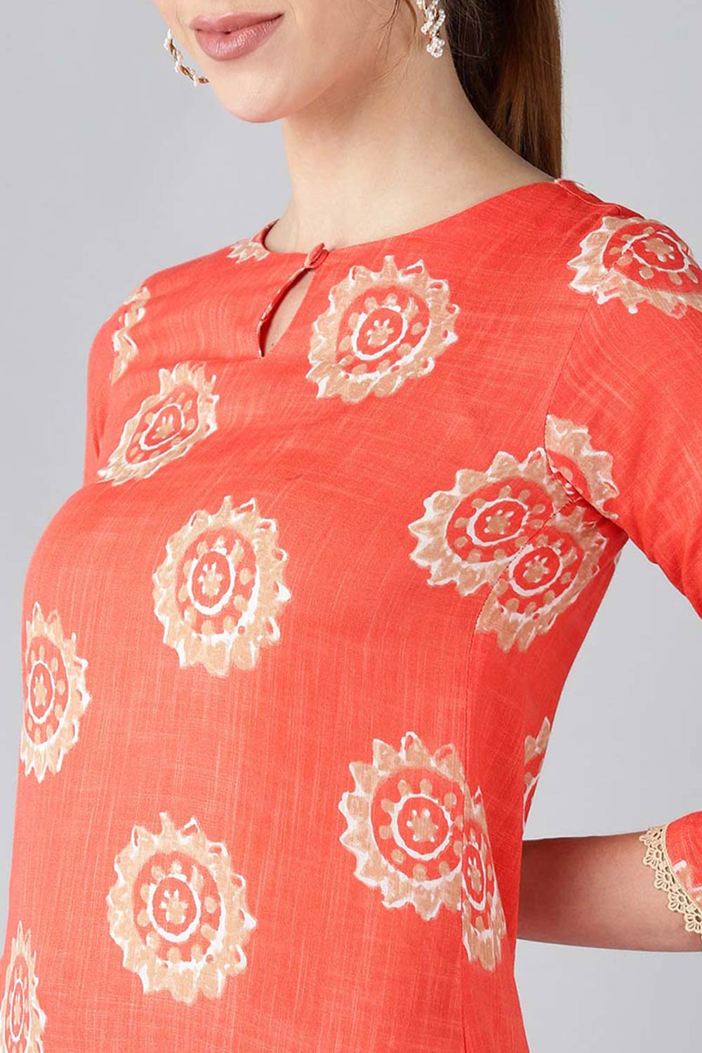 Orange Cotton Printed Straight Fit KurtI Set