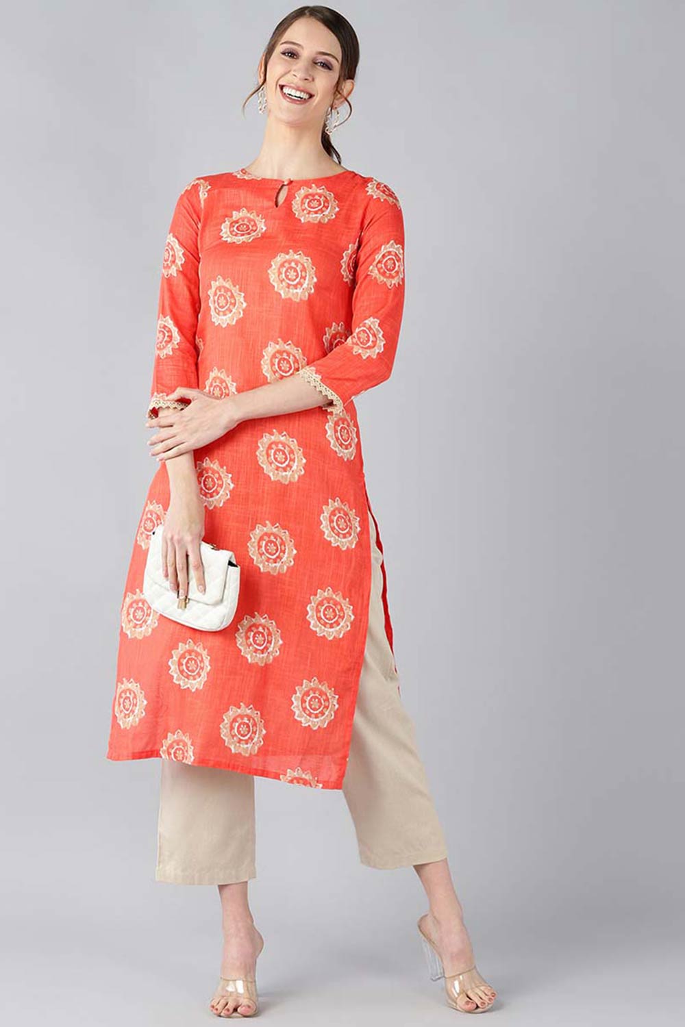 Orange Cotton Printed Straight Fit KurtI Set