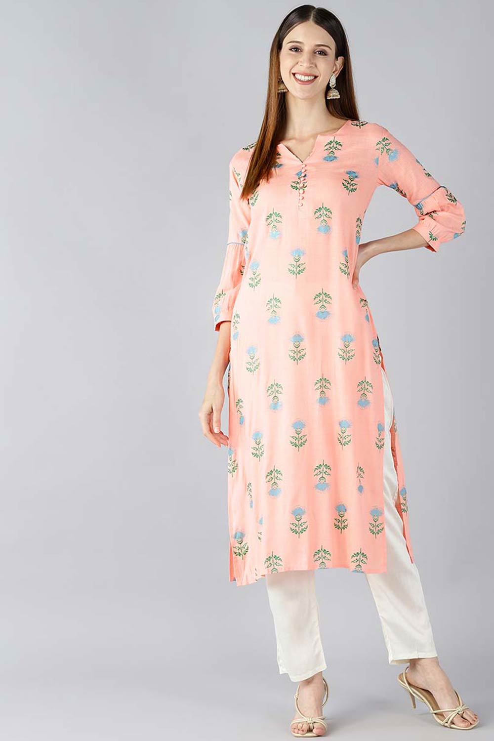 Pink Cotton Printed Straight Fit KurtI Set