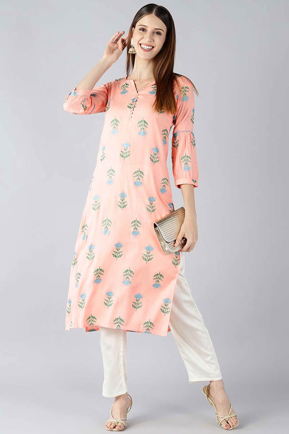 Pink Cotton Printed Straight Fit KurtI Set