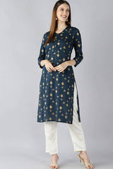 Blue Cotton Printed Straight Fit KurtI Set