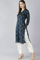 Blue Cotton Printed Straight Fit KurtI Set