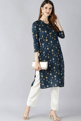 Blue Cotton Printed Straight Fit KurtI Set