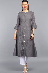 Grey Cotton Stripe Flared Fit KurtI Set