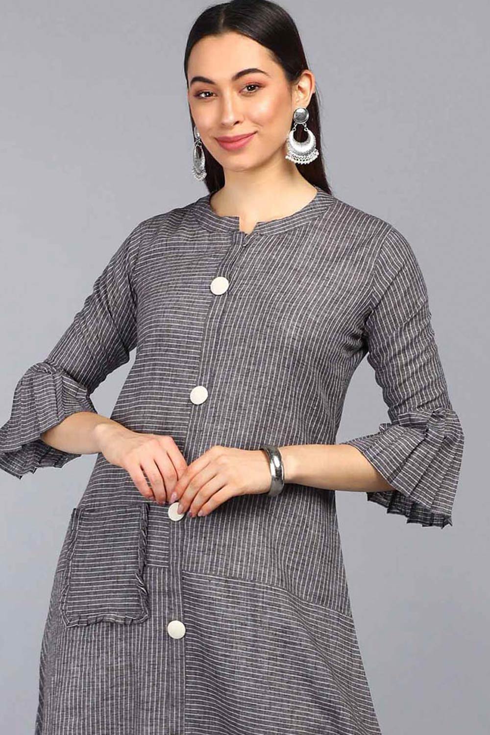 Grey Cotton Stripe Flared Fit KurtI Set