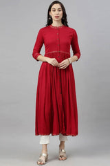 Red Cotton Mandarin Collar KurtI Set