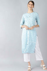 Blue Cotton Floral Straight Fit KurtI Set