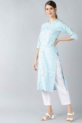 Blue Cotton Floral Straight Fit KurtI Set