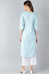 Blue Cotton Floral Straight Fit KurtI Set