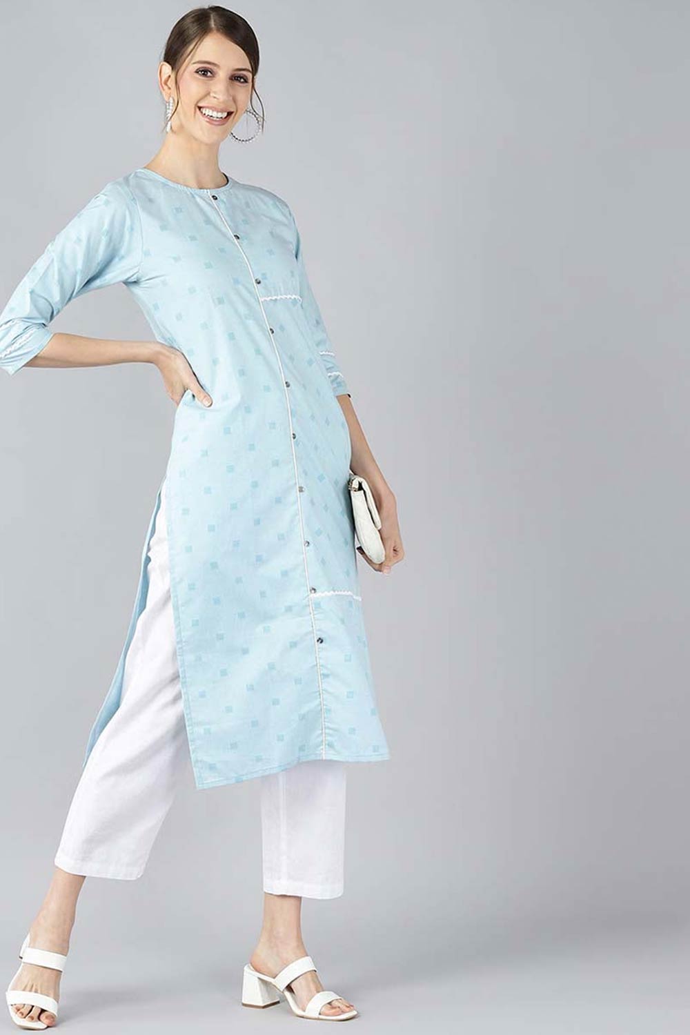 Blue Cotton Floral Straight Fit KurtI Set