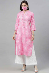 Pink Cotton Leheriya Straight Fit KurtI Set