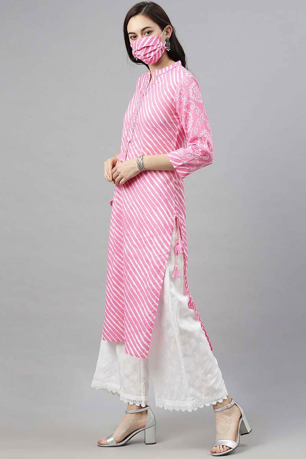 Pink Cotton Leheriya Straight Fit KurtI Set