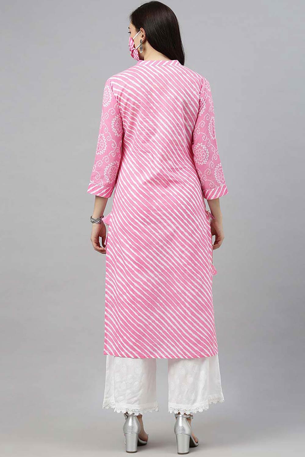 Pink Cotton Leheriya Straight Fit KurtI Set