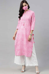 Pink Cotton Leheriya Straight Fit KurtI Set