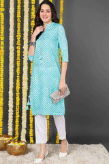 Blue Cotton Mandarin Collar KurtI Set