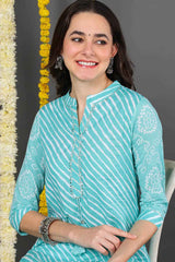 Blue Cotton Mandarin Collar KurtI Set