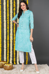 Blue Cotton Mandarin Collar KurtI Set