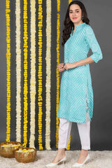 Blue Cotton Mandarin Collar KurtI Set