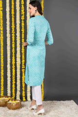 Blue Cotton Mandarin Collar KurtI Set